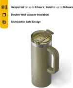 RTIC 20oz Road Trip Travel Mug with Lid and Handle, Ceramic Lined, Insulated, Stainless Steel, Metal, Double Wall Vacuum-Insulation, Portable Coffee, Tea Cup for Hot and Cold Drink, Olive - Image 4