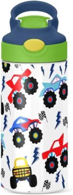 Monster Truck Kids Water Bottle with Straw and Carry Handle Racing Car Cool Vacuum Insulated Stainless Steel Bottles Leak-Proof for Boys Girls Toddler 12 oz Green Lid - Image 3