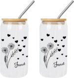 UanMere Glass Water Bottle with Bamboo Lid & Straw 16 Oz Birth Flower Glass Mug with Name Cute Personalized Christmas Gifts Glass Can Cup for Milk Mother Day Co-work Sister Gifts - Image 3