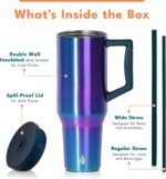 Elemental 40 oz Tumbler with Handle and Straw - Spill Proof Insulated Stainless Steel Commuter for Hot and Cold Beverages - Travel Coffee Mug with 2 Straws & Spill Proof Lid - 40oz - Iridescent - Image 4