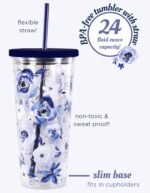 Steel Mill & Co Insulated Cup with Lid and Straw, Floral 24oz Tumbler, Double Wall Travel Cup, BPA-Free Acrylic Tumbler, Fits in Cupholders, Blue Watercolor - Image 4