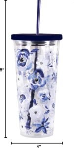 Steel Mill & Co Insulated Cup with Lid and Straw, Floral 24oz Tumbler, Double Wall Travel Cup, BPA-Free Acrylic Tumbler, Fits in Cupholders, Blue Watercolor - Image 6