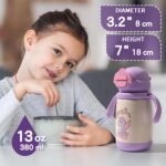 PHEENOWL 13oz Kids Insulated Water Bottle, 2-in-1 Straw & Spout Lid, with Shoulder Strap and Handle, 316 Stainless Steel Water Bottle for Toddler, Sports, Travel, and School (Purple - Unicorn) - Image 4