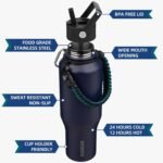 BJPKPK Insulated Water Bottles with Straw Lid, 35oz Metal Water Bottle with 2 lids & Paracord Strap, Double Wall Stainless Steel Vacuum Tumblers, Cups, Mugs, Thermo for Hot& Cold Drinks, Navy Blue - Image 3