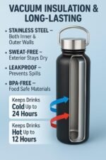 Vacuum Insulated Water Bottle 17oz – Stainless Steel, Double Wall Bottle, Leakproof, BPA-Free, Portable Handle, Keeps Cold 24h & Hot Coffee12h – Matte Black - Image 3