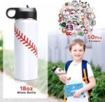NJGCPRO Baseball Water Bottles for Boys, Stainless Steel Baseball Water Bottle Gifts Stuff for Boys & Kids with 50Pcs Stickers (18OZ) - Image 3