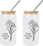 Birth Flower Glass Iced Coffee Cup with Stainless Steel Straws Personalized Birthflower Glass Water Bottle with Name Women's Day Party Favor Gifts for Her February Travel 16oz Glass Mug - Image 3