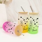 Personalized Birth Flower Frosted Glass Tumbler, Customized Birth Flower Glass Water Bottle with Name, New Year Gifts, Retirement Gifts for Co-work, Mom, Glass Cup with Lid - Image 5