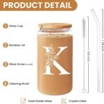 SANDJEST Monogrammed Gifts for Women - Monogram K Initial Glass Cup 16 Oz Can Coffee Cups with Lid and Straw - Monogram Initials Gifts for Womens on Birthday - Image 3