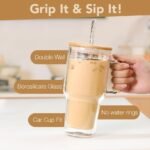 Double Wall Glass Tumbler with Handle and Straw Lid, 20oz Insulated Travel Mug Cup for Hot and Cold Drinks, Clear Glass Drinking Tumbler Cupholder Friendly - Image 3