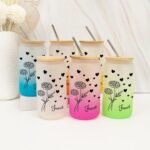 16 Oz Glass Coffee Cup Customized Birth Flower Glass Water Bottle with Bamboo Lid - Reusable Water Cups Glass Cups with Bamboo Lid And Straw - Women's Day Gifts for Colleague - Image 3