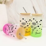 16 Oz Glass Coffee Cup Customized Birth Flower Glass Water Bottle with Bamboo Lid - Reusable Water Cups Glass Cups with Bamboo Lid And Straw - Women's Day Gifts for Colleague - Image 5