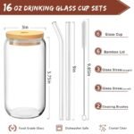 16 Oz Drinking Glasses with Bamboo Lids and Glass Straw - 6 Pcs Glass Cups Beer Ice Coffee Glasses Cute Aesthetic Cup Great for Coffee Bar Accessories Include 2 Cleaning Brushes - Image 3