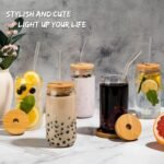 16 Oz Drinking Glasses with Bamboo Lids and Glass Straw - 6 Pcs Glass Cups Beer Ice Coffee Glasses Cute Aesthetic Cup Great for Coffee Bar Accessories Include 2 Cleaning Brushes - Image 4