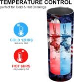 3D Fourth of July Insulated Skinny Tumblers Cup Coffee Mug with Lid Indigo Floral American Flag 20oz Reusable Stainless Steel Water Bottle (Pack of 1) - Image 3