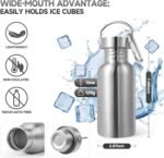 Volhoply 16oz Uninsulated Single Walled Water Bottle, Stainless Steel Kids Water Bottles with Handle & Carabiner, BPA Free 18/8 304 Reusable Water Flask for Camping Hiking Biking (Sliver,1) - Image 3