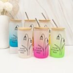 16 Oz Glass Water Bottle Customized Birth Flower Glass Mug with Bamboo Lid And Straw - Reusable Iced Coffee Cups Tumbler with Bamboo Lid - Retirement Gifts for Wife - Image 3