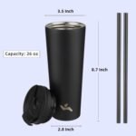 26 OZ Insulated Tumbler with Lid and 2 Straws Stainless Steel Water Bottle Vacuum Travel Mug Coffee Cup,Black - Image 3