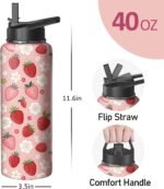 40oz Pink Strawberry Water Bottle with Handle and Flip Straw, Sports Stainless Steel Insulated Cup Travel Coffee Mug Tumbler, Birthday Mothers Day Chritmas Gifts for Women - Image 3