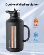 Trebo 64 oz Water Bottle Insulated with Handle, Half Gallon Stainless Steel Metal Large Water Jug, Travel Flask with Straw Spout Lid, Wide Mouth Mug with Carry Pouch, Keep Cold Hot, Black - Image 3