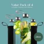 24oz Glass Water Bottles – Pack of 4 – Nylon Protective Sleeves, Airtight Screw Top Lids, Portable Carrying Loops - Lead, PVC and BPA Free - Water, Smoothie, Juicer, and Beverage Glasses - Image 4