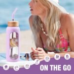 32 oz Glass Water Bottle, 1 Liter Glass Tumbler with Straw, Reusable Drinking Bottles with 2 Lids-Handle Lid&Bamboo Straw Lid, Silicone Sleeve, for Sports, Home,1 Pack-Purple - Image 6