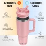 40oz Tumbler with Handle,Double Wall Vacuum Reusable Stainless Steel Insulated Water Bottle,With Leak Proof lid and Straw for Iced or Cold Beverages (light pink) - Image 3