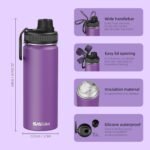 SASEUM Sport Water Bottle 18oz Stainless Steel Double Wall Vacuum Thermal Mug with Leak Proof Spout Lids, Wide Mouth Metal Insulated Water Jug for Gym and Travel（Purple） - Image 3
