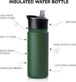 16 oz Insulated Water Bottle for School, Straw & Spout Lid, Keep Cold 24H, Spill Proof, BPA-Free, Double Wall Stainless Steel Kids Water Bottles for Sports, Gym, Travel, Dark Green - Image 3