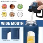 Kodrine 32 oz Glass Water Bottle with Straw and Carry Loop, One-Touch Leakproof Locking Lid, Reusable Drinking Bottle with Time Marker for Travel Home Gym Sports (Navy Blue) - Image 5