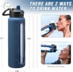 Kodrine 32 oz Glass Water Bottle with Straw and Carry Loop, One-Touch Leakproof Locking Lid, Reusable Drinking Bottle with Time Marker for Travel Home Gym Sports (Navy Blue) - Image 6