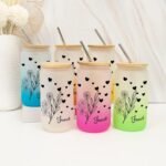 16 Oz Tumbler Cup Customized Birth Flower Glass Iced Coffee Cup with Bamboo Lid - Reusable Tea Cups Glass Water Bottle Bamboo Covered - Christmas Gifts for Women - Image 3