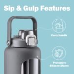 72oz Glass Water Bottle with 2-IN-1 Straw &Chug Lid, Large Motivational Glass Bottle with Capacity Marker and Silicone Sleeve, 2.1L Gallon Water Jug for Home, Sports, Gym, BPA Free-Gray - Image 4
