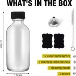 2oz Small Clear Glass Bottles with Lids, 2 Stainless Steel Funnel, 12 Labels,1 Brush - 60ml Reusable Boston Bottle for Juice, Ginger Shot, Wellness, Oils, Whiskey, Liquids - Leakproof Travel Bottle - Image 3
