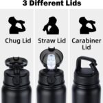 Oldley Insulated Water Bottle 20oz Water Bottles with Straw, Stainless Steel Water Bottle with 3 Lids, Double Wall Vacuum Bottles for Adult Kids, Sports Bottles for School Travel, Black - Image 3