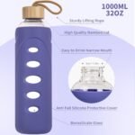 Sport 32oz Glass Water Bottle 1000ml /1 liter Borosilicate Glass Water Bottle Reusable Waterbottle Jugwith Silicone Sleeve and Unique Lid (Purple - Image 3