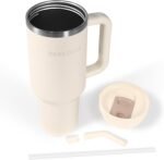 40 oz Tumbler with Handle and Straw - Insulated Stainless Steel Travel Mug, Cup Holder Friendly Water Bottle Extra Large Double Wall Coffee Thermos,Dishwasher Safe,BPA Free(Cream White) - Image 4
