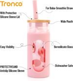 Tronco 20oz Glass Tumbler with Bamboo Lid and Straw, Glass Cup For Boba,Iced Coffee,Smoothie, Spill Proof Glass Water Bottle With Silicone Protective Sleeve, Dishwasher Safe,BPA Free - Image 3