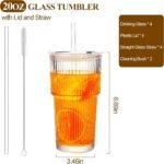 20oz Ribbed Glass Tumblers with Lids and Glass Straws -4-Piece Set, Thickened for Iced Coffee, Smoothies,Cocktails and Juices-Elegant Durable for Home, Office,Travel - Image 3
