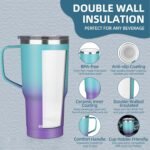 20 oz Insulated Coffee Mug with Ceramic Coating, Stainless Steel Travel Mug Tumbler with Handle Lid and Straw, Double Wall Leak-Proof Coffee Travel Mug Keeps Drink Hot and Cold (Azure Purple) - Image 4