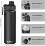 SASEUM Sport Water Bottle 22oz Stainless Steel Double Wall Vacuum Thermal Mug with Leak Proof Spout Lids, Wide Mouth Metal Insulated Water Jug for Gym and Travel（Black） - Image 3