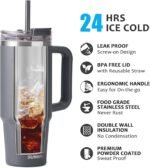 SUNWILL Travel Coffee Mug with Lid, 30 oz Tumbler with Handle and Straw Leak Proof, Stainless Steel Cup Insulated for Office & Camping, Cupholder Friendly, Powder Coated Charcoal - Image 3
