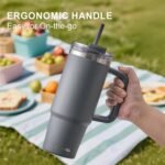 SUNWILL Travel Coffee Mug with Lid, 30 oz Tumbler with Handle and Straw Leak Proof, Stainless Steel Cup Insulated for Office & Camping, Cupholder Friendly, Powder Coated Charcoal - Image 4