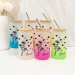 16 Oz Can Glass Cup Customized Birth Flower Glass Water Bottle with Bamboo Lid And Straw - Reusable Water Cups Glass Tumbler W/Lids Straws - Valentines Day Gifts for Women - Image 3
