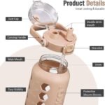 MUKOKO Half Gallon/64 oz Glass Water Bottles with Straw and Lid,Motivational Water Jug with Time Marker Reminder and Silicone Sleeve,100% Leakproof BPA Free Fitness Sports Large Bottle-Amber - Image 4