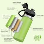 SASEUM Kids Sport Water Bottle 16oz Stainless Steel Double Wall Vacuum Thermal Mug with Leak Proof Spout Lids, Wide Mouth Metal Insulated Water Jug for Gym and Travel（Apple Green） - Image 4
