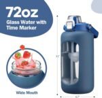 72oz Glass Water Bolttles, 3-in-1 Straw and Sip Spout Handle Lid, Half Gallon Water Bottle with Time Marker and Silicone Sleeve, BPA-Free Sports Water Bottle for Gym, School, DBlue - Image 3