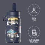 Hydrapeak Mini 14oz Fun Sticker Print Water Bottle with Straw Lid, Stainless Steel Double Wall Insulated Water Bottle, Leak-Proof and Spill-Proof Water Bottle, Monster Truck-Navy - Image 3