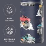 Hydrapeak Mini 14oz Fun Sticker Print Water Bottle with Straw Lid, Stainless Steel Double Wall Insulated Water Bottle, Leak-Proof and Spill-Proof Water Bottle, Monster Truck-Navy - Image 6