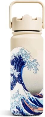 Hokusai The Great Wave Water Bottle – Cute 18oz / 500ml Reusable Sport Vacuum Insulated Stainless Steel Thermal Flask with Straw & Carry Handle | Kawaii Japanese Art Design for Hot & Cold Drinks - Image 4